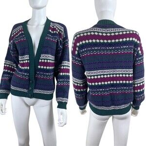Vintage Adele Size S Fair Isle Knitted Sweater Cotton Cardigan USA Grandmacore